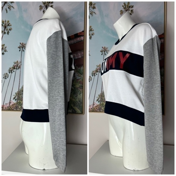 Tommy Hilfiger White Blue Grey Colorblock Long Sleeve Crew Shirt Size Medium - Picture 2 of 6